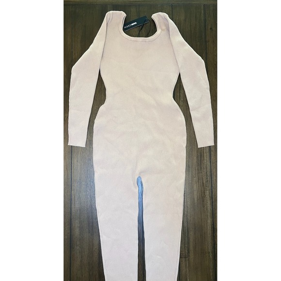 Fashion Nova Keeping You Cozy Sweater Jumpsuit Tan Size 1X Long Sleeve Ribbed - Picture 2 of 4